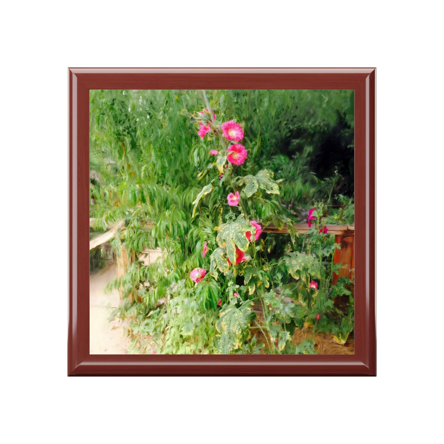 Keepsake/Jewelry Box - Hollyhock Florals - Wood Lacquer Box front lid
