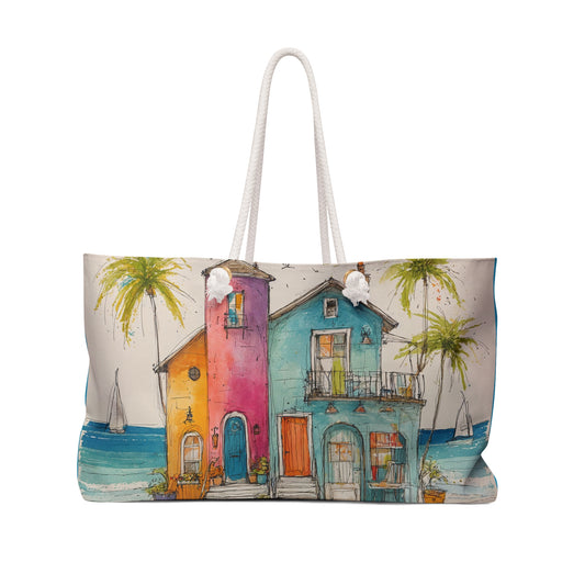 Colorful Beach House Weekender Bag, Summer Travel Tote, Vacation Luggage, Beach Essentials, Resort Getaway Bag
