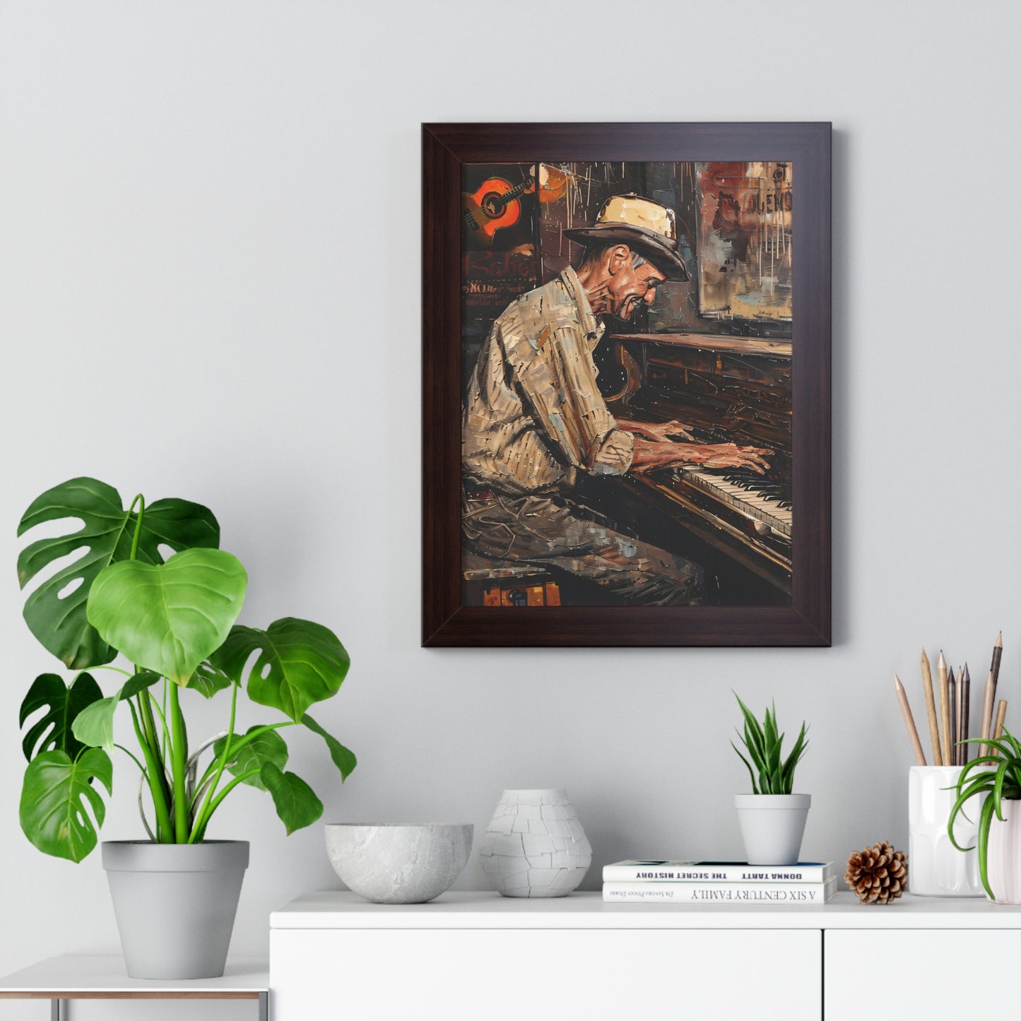 Framed Vertical Poster - Honky Tonk Piano Player Brown Frame