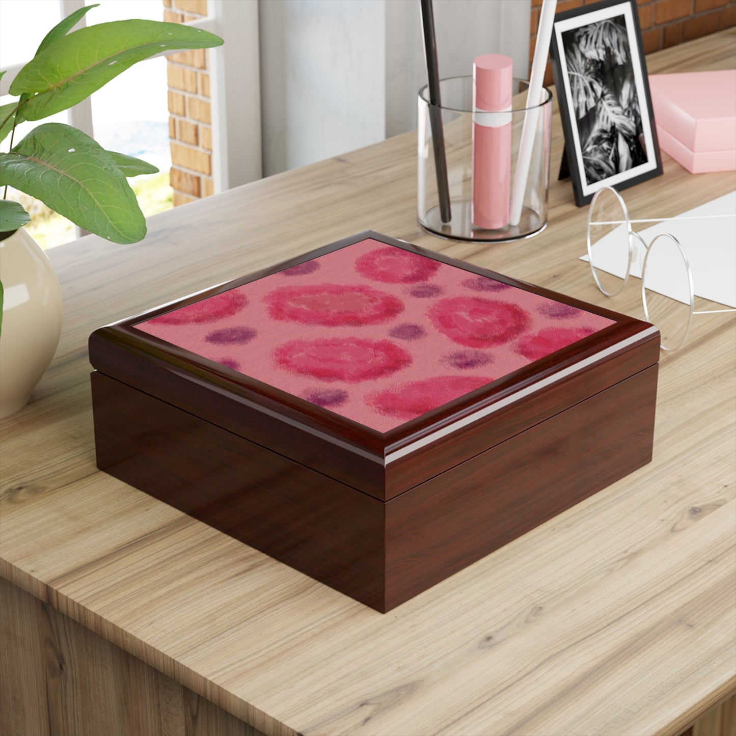 Jewelry Keepsake Box - Abstract Pattern in Fuchsia and Pink Mahogany
