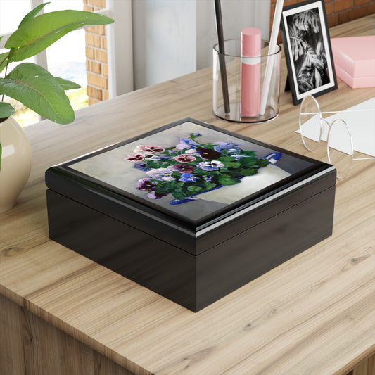 Jewelry/Keepsake Box - Pansies - Lacquered Wood Box black
