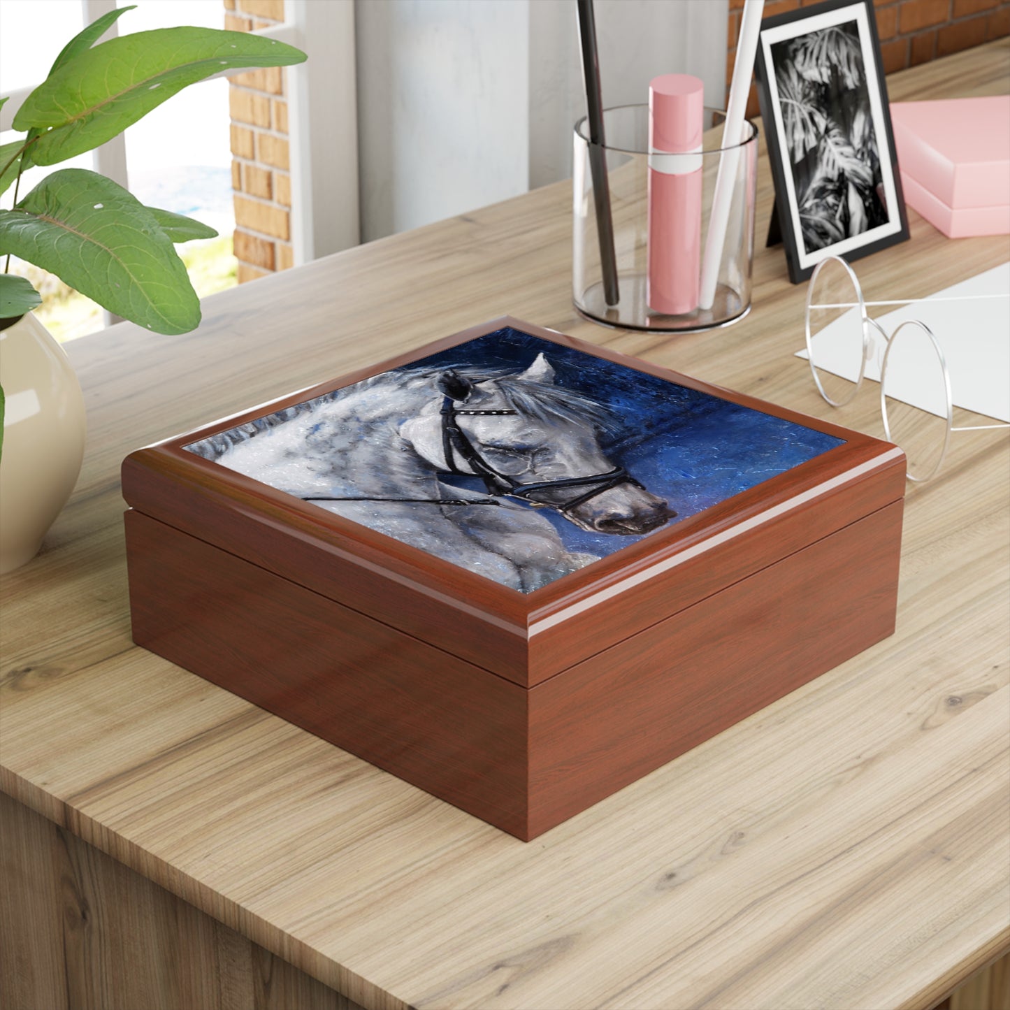 Jewelry Box - Keepsake Box with Grey Horse golden oak