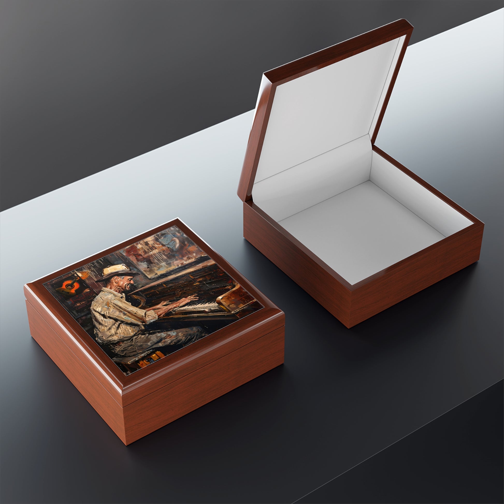 Jewelry Box - Keepsake Box - Honky Tonk Piano Player golden oak box open