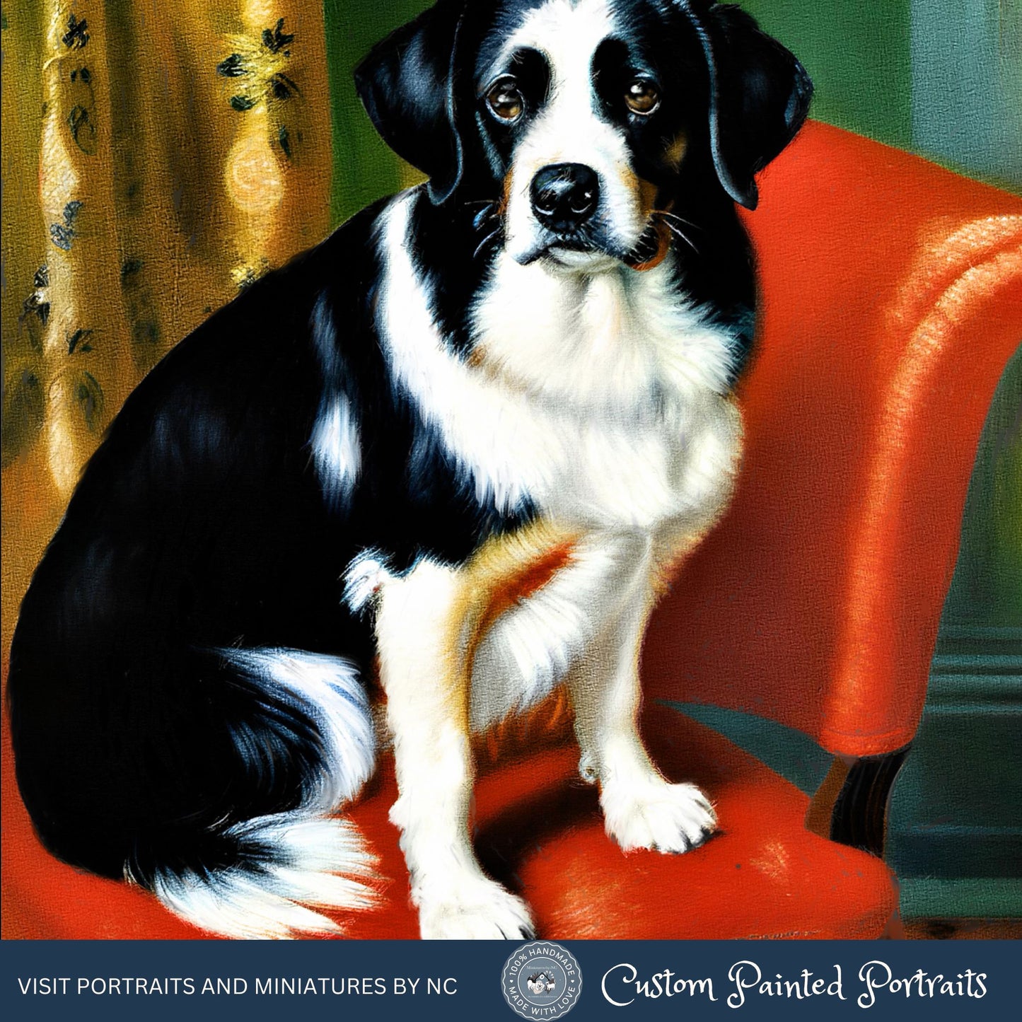 Australian Border Collie Portrait in Henri Matisse Style, custom pet portraits, hand-painted and digital artwork by artist Enzie Shahmiri Full Size