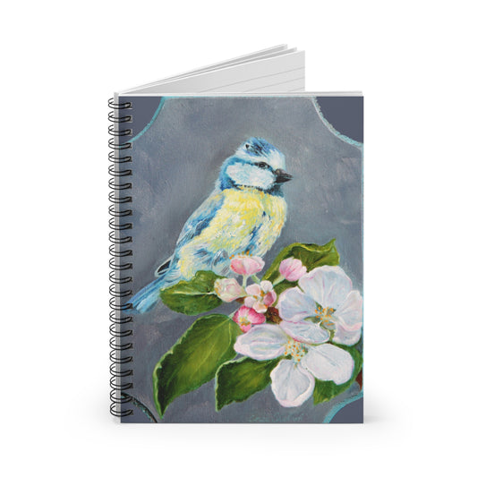 Blue Tit Bird Floral Spiral Notebook — Lined Journal for Nature Lovers, Spring Gift