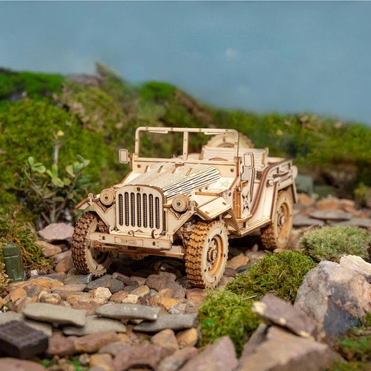 Model of a vintage military jeep on a rocky terrain with greenery 3D Wooden Puzzle Model Toys Car Kit MC701