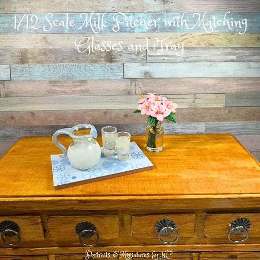 Milk Pitcher Set with Light Blue Floral border and 2 Matching Glasses - 1 12 Scale Dollhouse Accessory Set