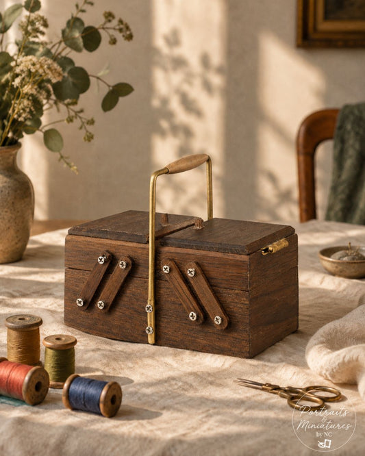 A dark brown 1/6 scale wooden sewing box with a brass handle and metal clasps, styled on a tablecloth with thread spools, scissors, and dried flowers in a warm, rustic setting.