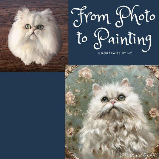 White Persian Cat Portrait on Floral Background from photo to painting