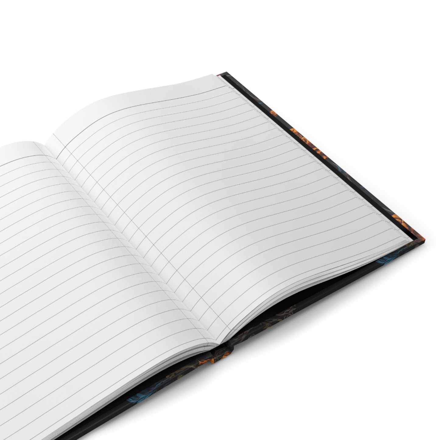 Open notebook with lined pages on a white background