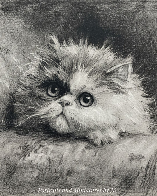 Detailed pencil drawing of a fluffy cat on a textured surface by Portraits by NC