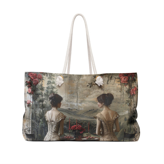 Weekender Bag - Pink Tea Time Romantic Garden Setting Women's Travel Bag