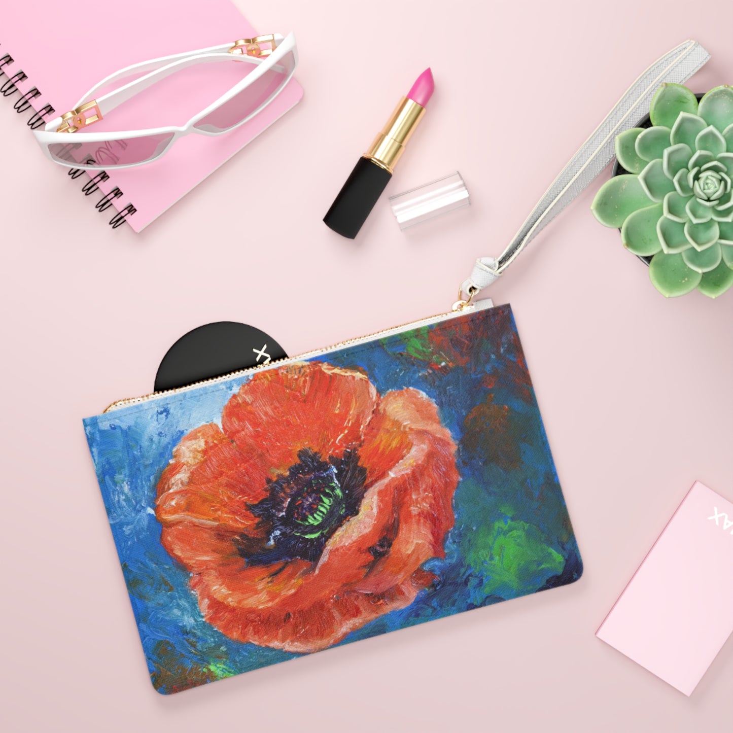 Red Poppy Vegan Leather Clutch Bag - Saffiano Wristlet Purse with Loop Handle, Floral Evening Bag, Gifts for Her in situ