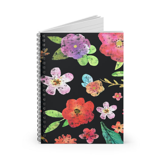 Floral Watercolor Spiral Notebook — Black Background Ruled Journal