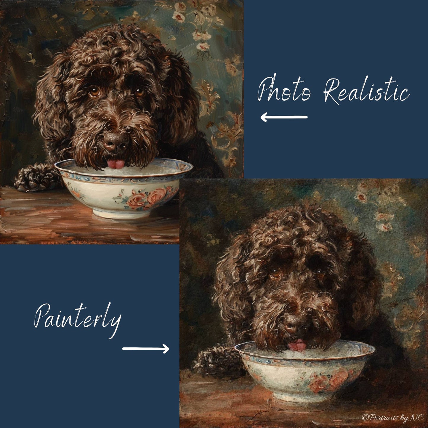 Brown Doodle Dog Portrait Custom Pet Portraits from Photo, custom pet portraits, hand-painted and digital artwork by artist Enzie Shahmiri comparison