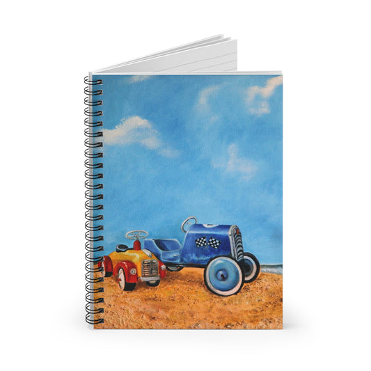 Vintage Toy Cars Spiral Notebook — Kids Journal with Blue & Red Pedal Car Illustration