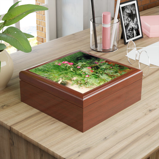 Keepsake/Jewelry Box - Hollyhock Florals - Wood Lacquer Box golden oak