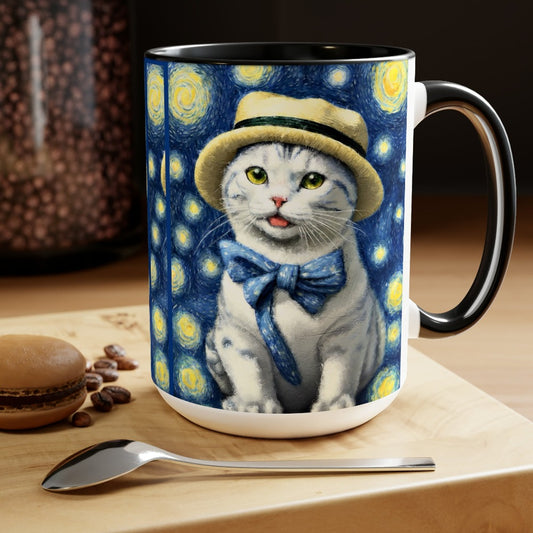 tarry Eye Cat Two-Tone Coffee Mugs, 15oz black handle