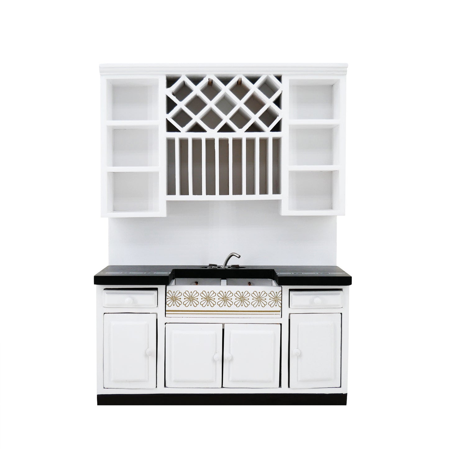 White miniature kitchen cabinet with wine rack and black countertop on a white background