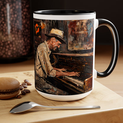 Two-Tone Coffee Mugs, 15oz - Honky Tonk Piano Player