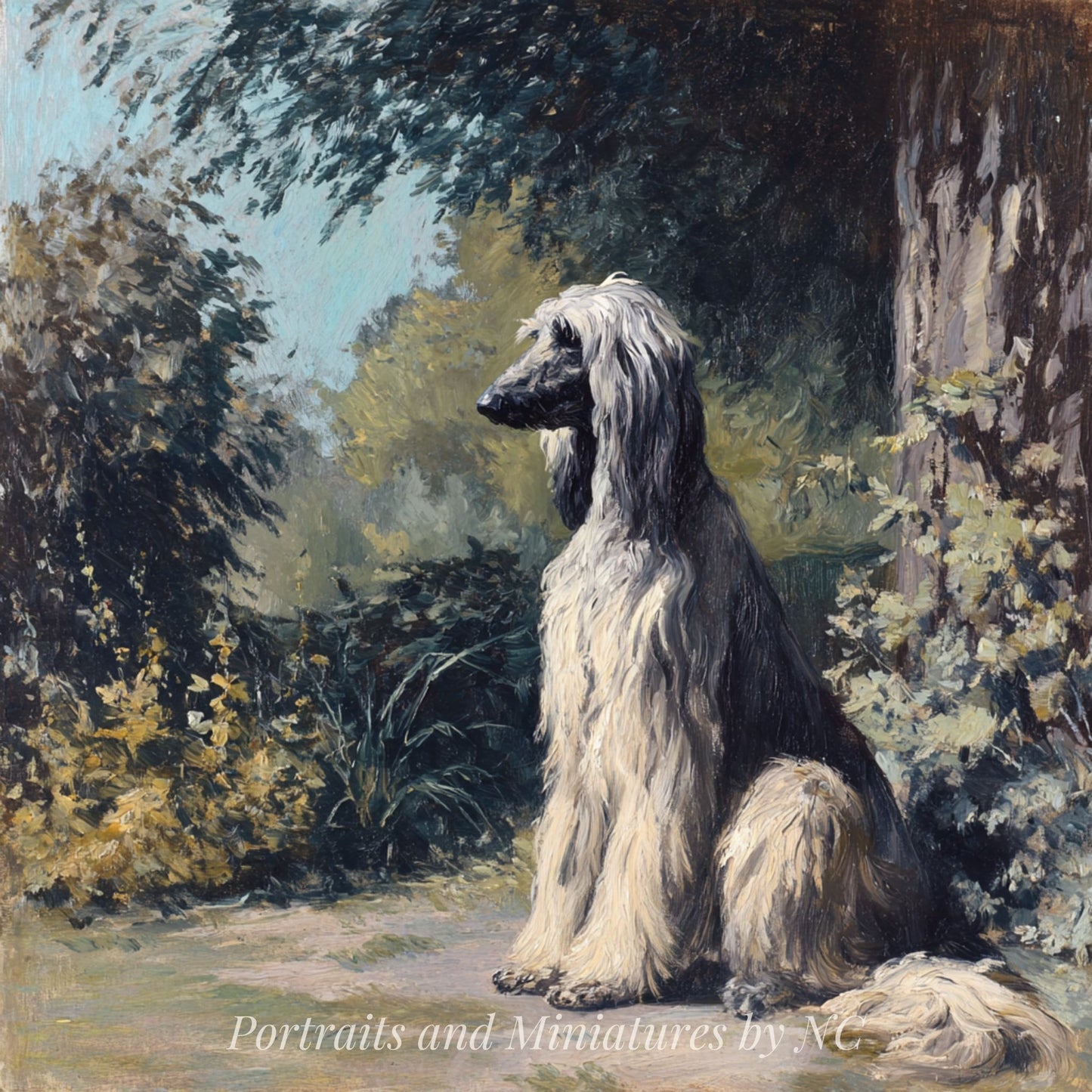 Painting of an Afghan Hound sitting in an outdoor setting