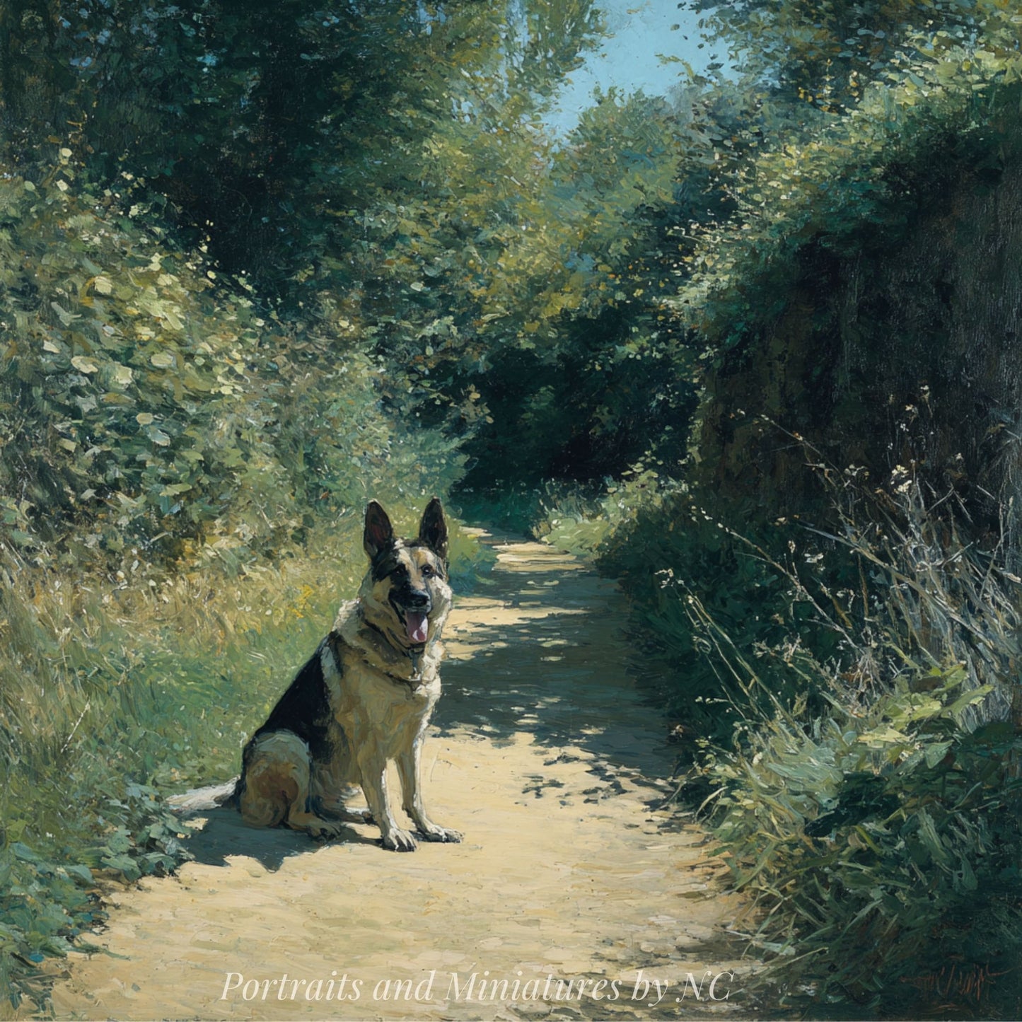 Alsatian on a Country Path Hand Painted Digital Portrait Commission