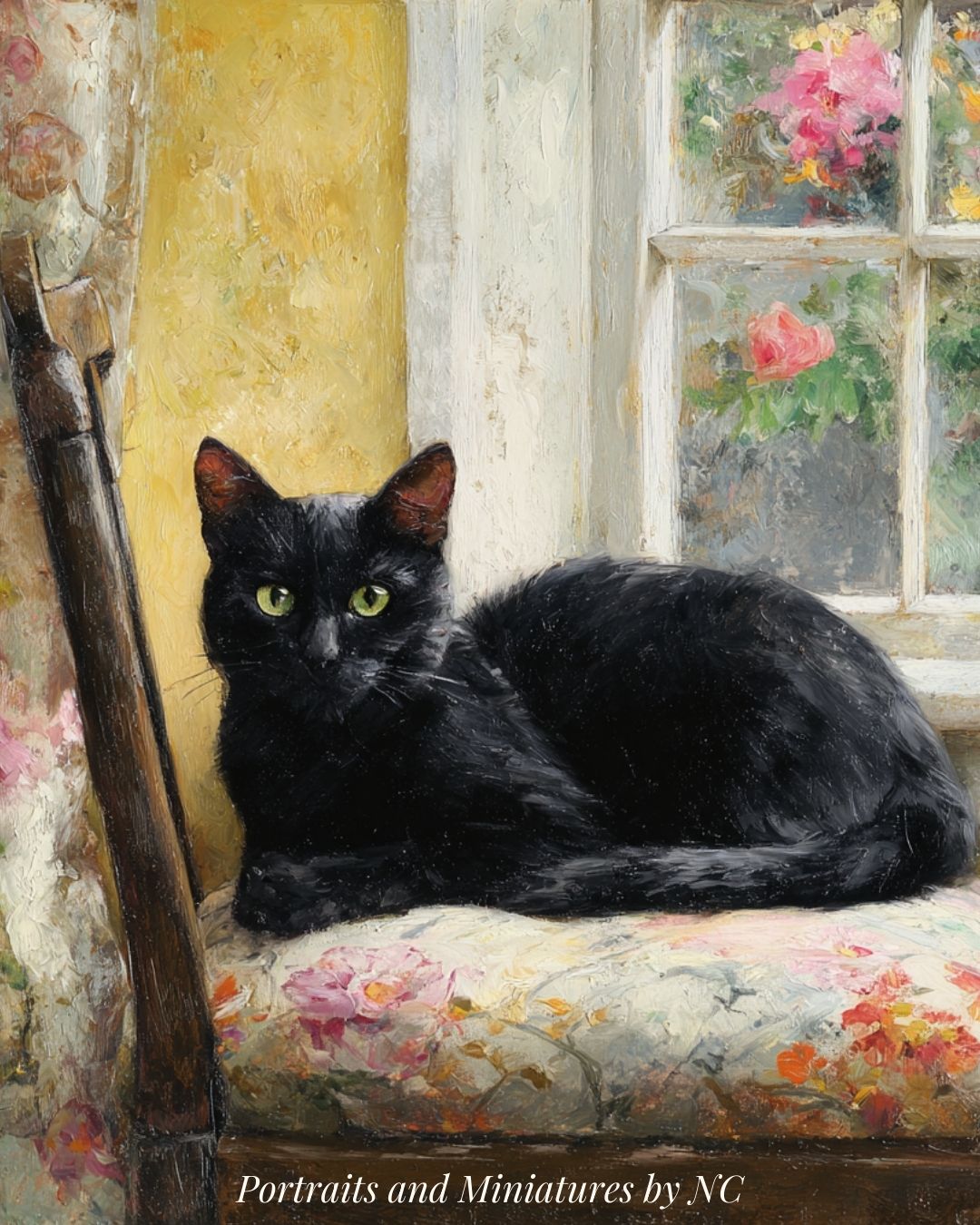 Black BOMBAY cat lying on a floral cushion next to a window with floral decorations