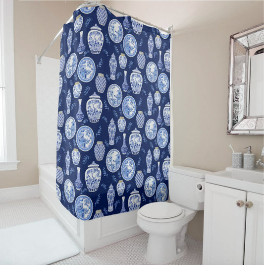 Navy-n-White-Floral-Ginger-Jar-Asian-Vintage-Decor-Shower-Curtain-in-situ