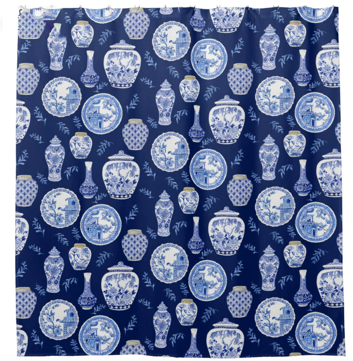 Navy-n-White-Floral-Ginger-Jar-Asian-Vintage-Decor-Shower-Curtain-pattern