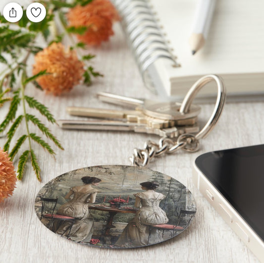 Victorian-twins-Tea-party-keychain-basic-round-in-situ