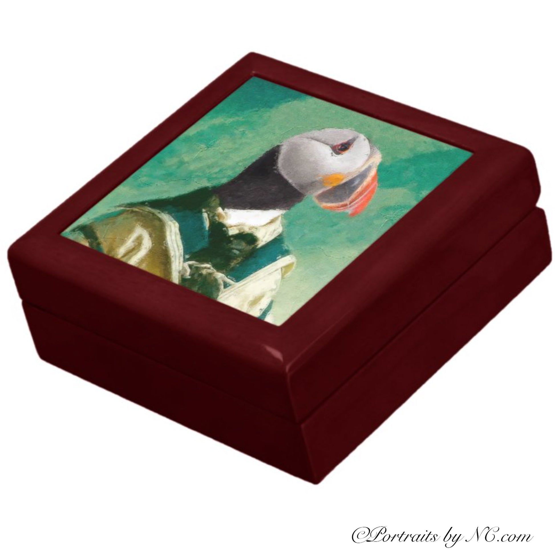 Wooden-Lacquer-Jewelry-box-puffin-mahogany front