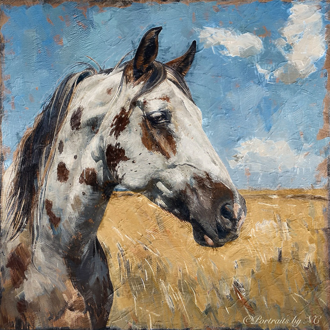 appaloosa- horse-in-field-portrait custom prt portraits hand-painted and digital artwork by artist Enzie Shahmiri