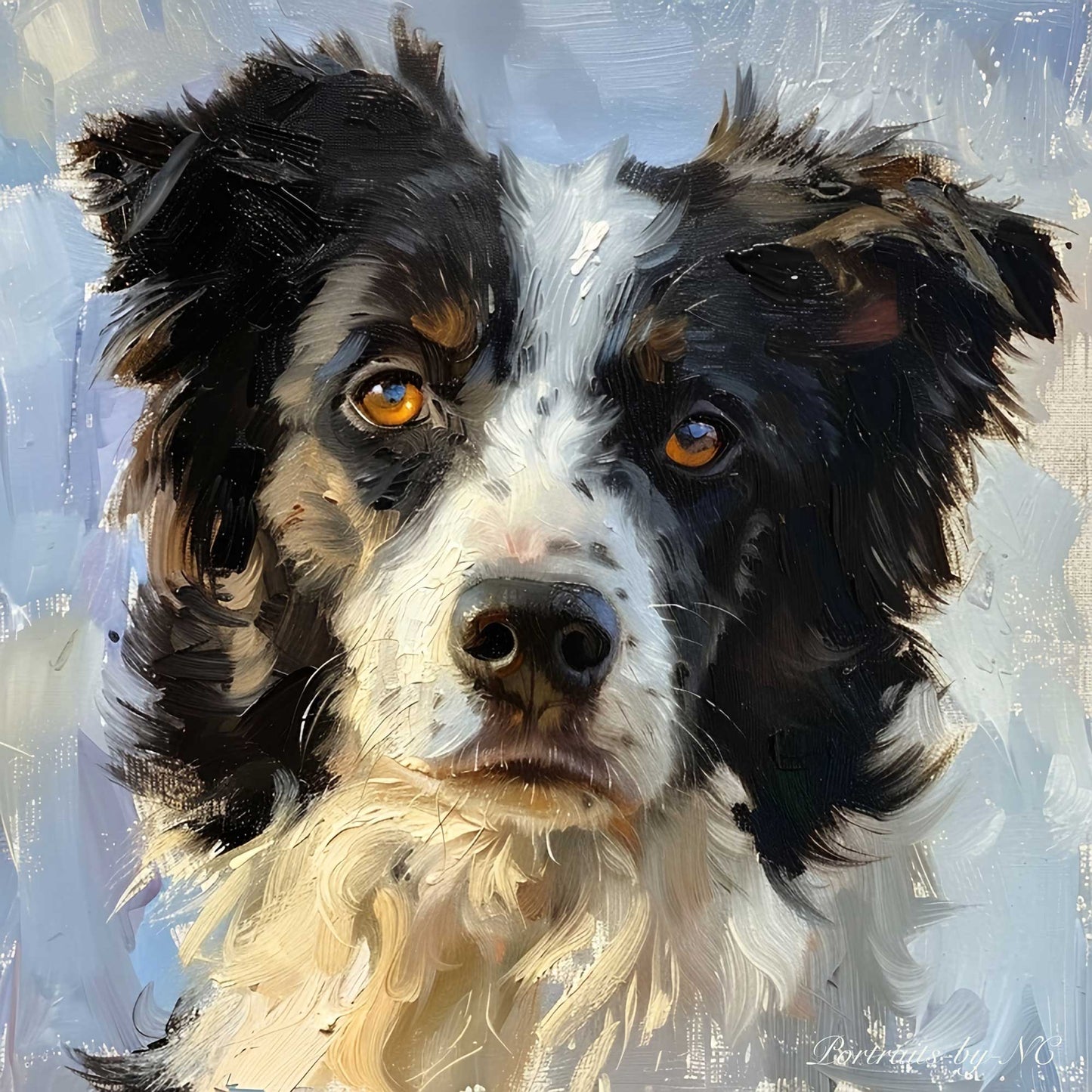 Border Collie Dog Portrait in Beige and Blue - custom pet portraits, hand-painted and digital artwork by artist Enzie Shahmiri