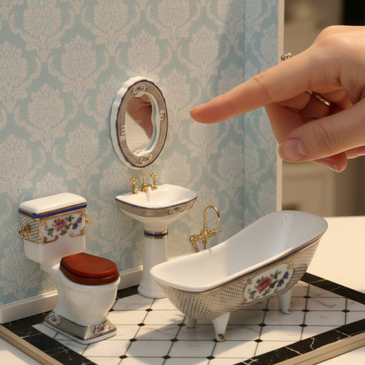 4-Piece Gold & Floral Porcelain Bathroom Set with Mirror