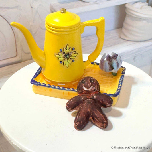 Dollhouse Coffee Pot With Tray and Gingerbread Cookie - Diorama Craft Supplies 1 12 Scale