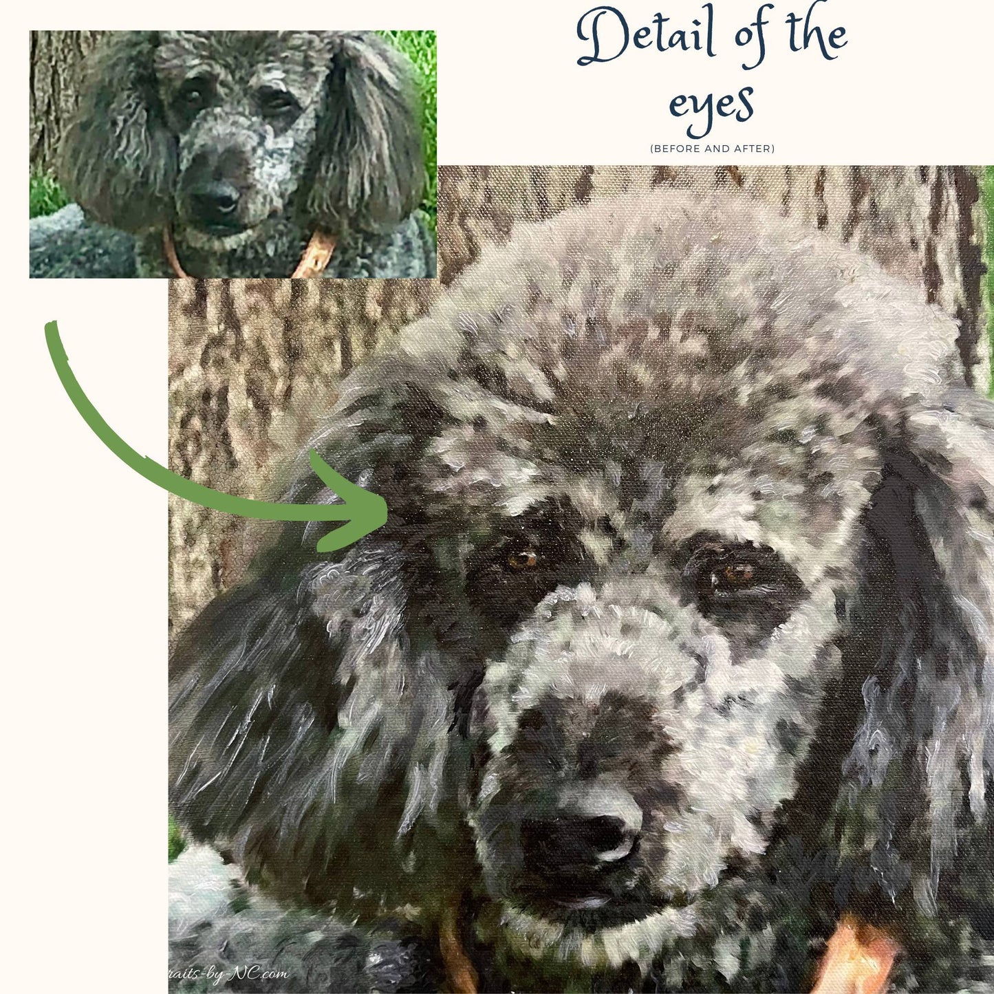 Poodle Oil Portrait , custom painted pet portraits, hand-painted and digital artwork by artist Enzie Shahmiri eye detail