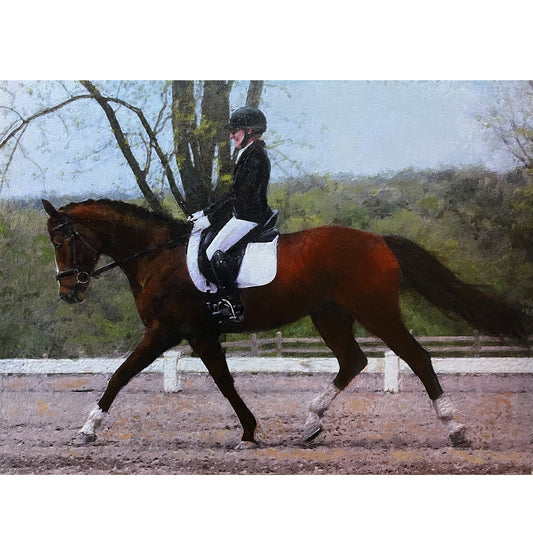 Dutch Warmblood Custom Horse Portrait — Show Horse | Oil Portrait Commission - pet portraits handprinted and digital artwork by Enzie Shahmiri Painting with Rider