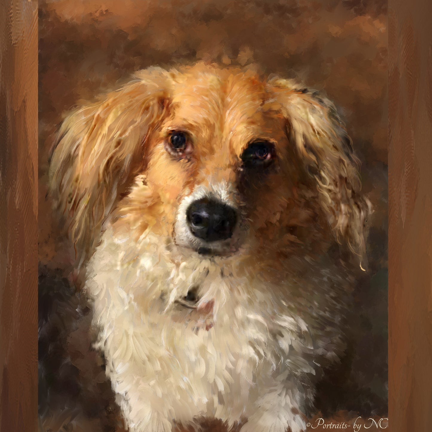 Mutt dog portrait, custom pet portrait, hand-painted and digital artwork by artist Enzie Shahmiri full size