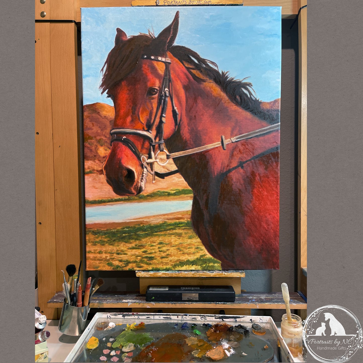 Welsh Cob Custom pet portrait, hand-painted and digital artwork by Enzie Shahmiri on easel