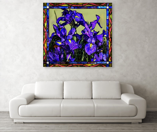 Stretched Canvas Print - Tiffany Style Blue Iris - Floral Print large