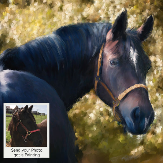 Tennessee Walking Horse Portrait — Outdoor Setting Commissioned Portrait Custom Pet Portraits handprinted and digital artwork by artist Enzie Shahmiri before and after