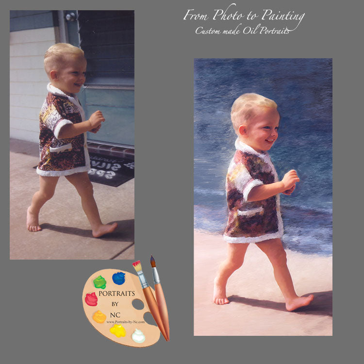Toddler Boy Painted Oil Portrait before and after