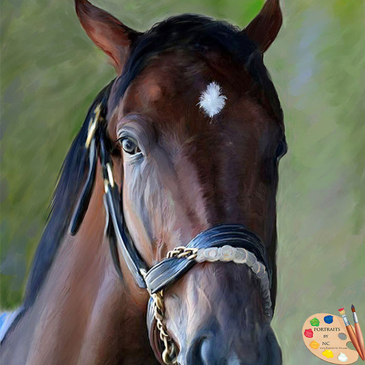 American Thoroughbred Portrait — Classic Green Background I Custom pet portraits handprinted and digital artwork by portrait artist Enzie Shahmiri - head detail