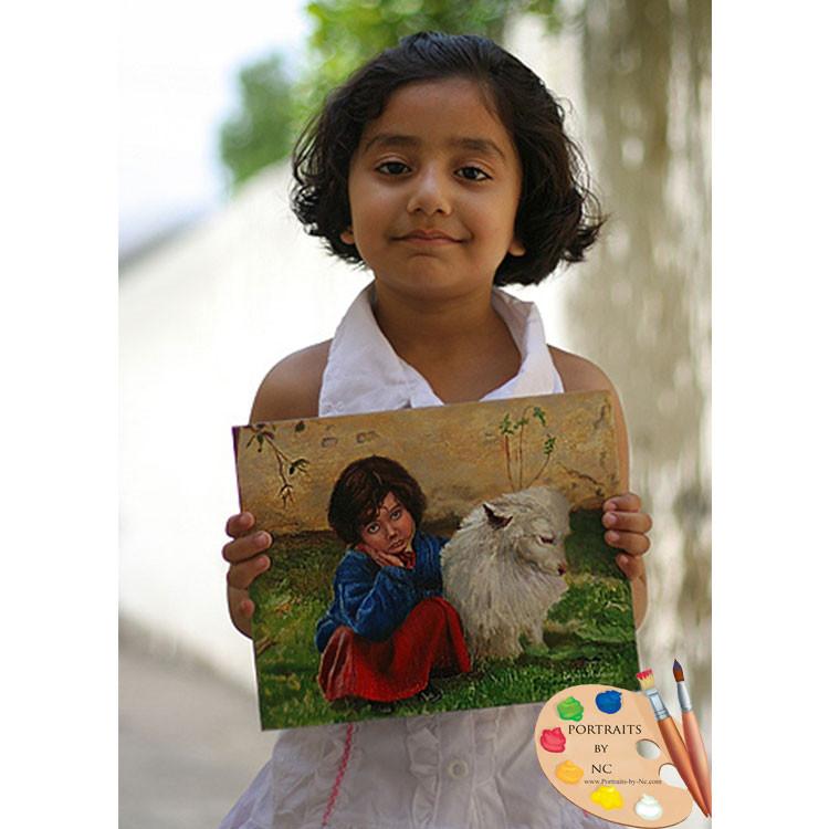 Children with Pets Oil Portrait - Girl with her Dog