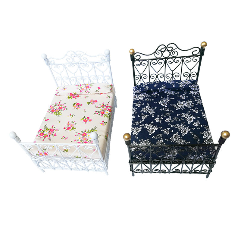 Deluxe 1:12 Scale Wrought Iron Miniature Double Bed – Vintage European Style with Floral Bedding
