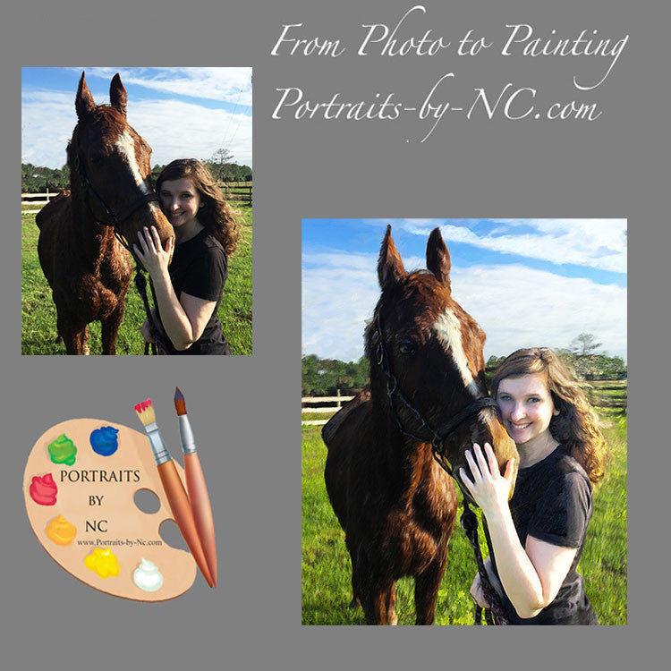 Breton Horse Portrait — With Owner I Commissioned Oil Portrait -pet portraits handpainted and digital artwork by portrait artist Enzie Shahmiri before and after