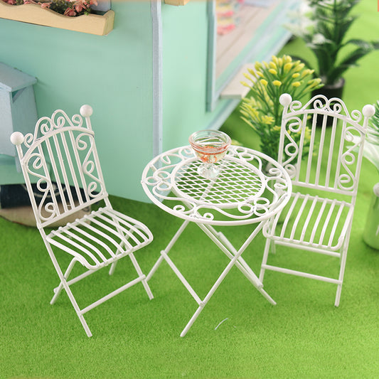 1:12 Scale Miniature Wrought Iron Bistro Set - Dollhouse Garden Patio Table & 2 Chairs