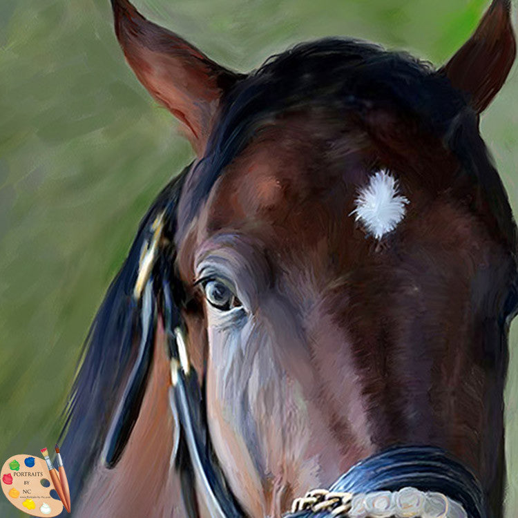 American Thoroughbred Portrait — Classic Green Background I Custom pet portraits handprinted and digital artwork by portrait artist Enzie Shahmiri - eye detail