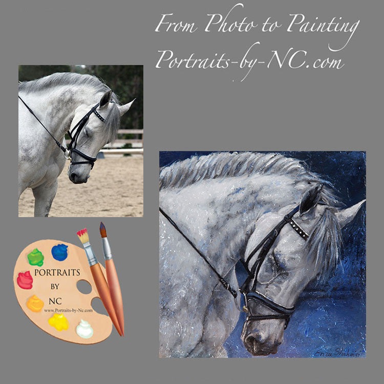 Horse Custom pet portrait, hand-painted and digital artwork by Enzie Shahmiri Humble Beauty before and after