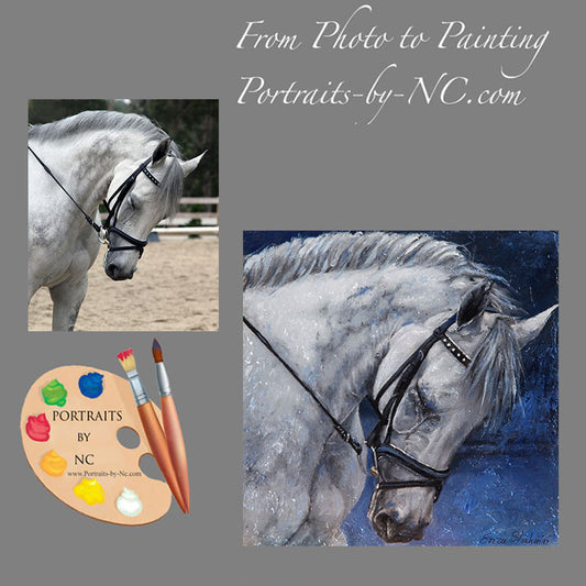 Horse Custom pet portrait, hand-painted and digital artwork by Enzie Shahmiri Humble Beauty before and after